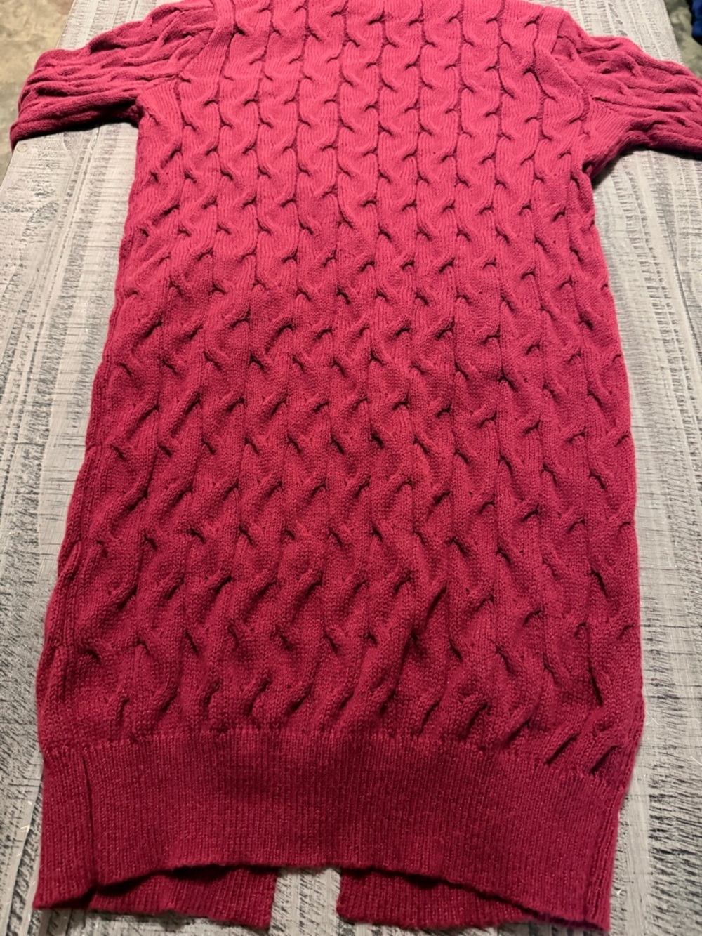 Hooded Cable-Knit Long Cardigan Sweater - Raspberry Maroon - Picture 9 of 10